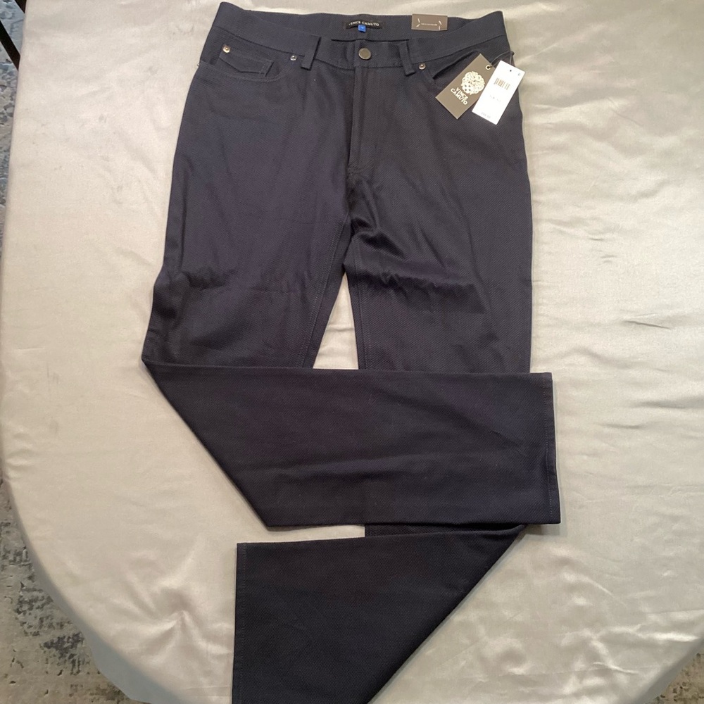 Vince Camuto Mens Slim Fit Flat Front Dress Pants Navy Crosshatch Slub 31x32 NWT